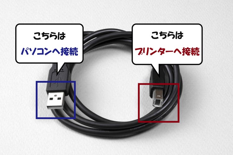 USBの形状は2種類。平たい四角のUSBはパソコンへ、もう一方はプリンターへ接続します。