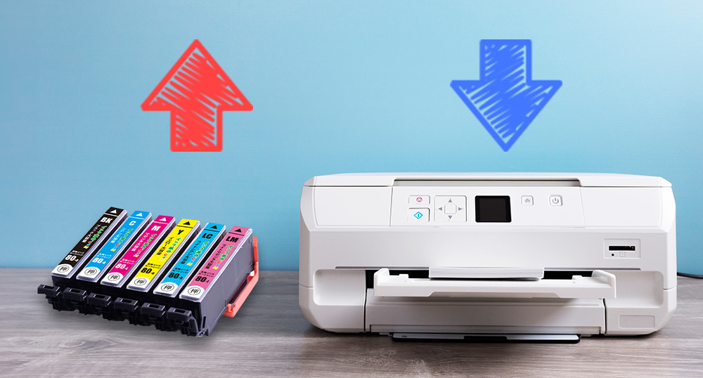 メーカー戦略のイメージ（プリンターは下に青い矢印、インクは上に赤い矢印）